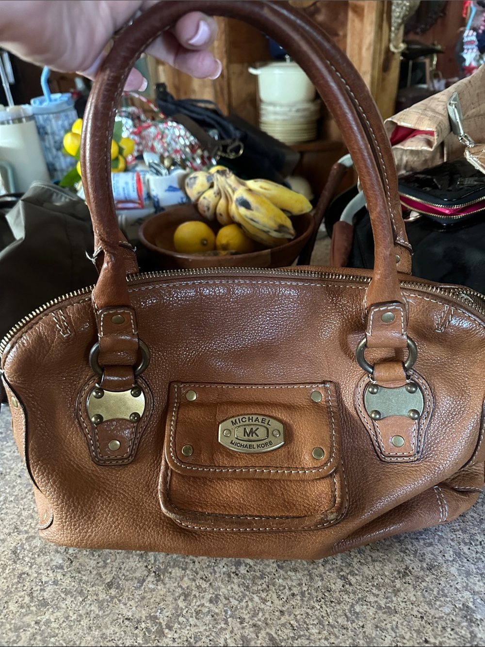 Michael Kors Cognac Brown Leather Satchel with Front Pocket
